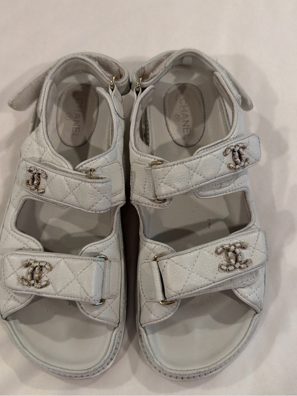 CHANEL White Quilted Leather Double-Strap CC Logo Sandals